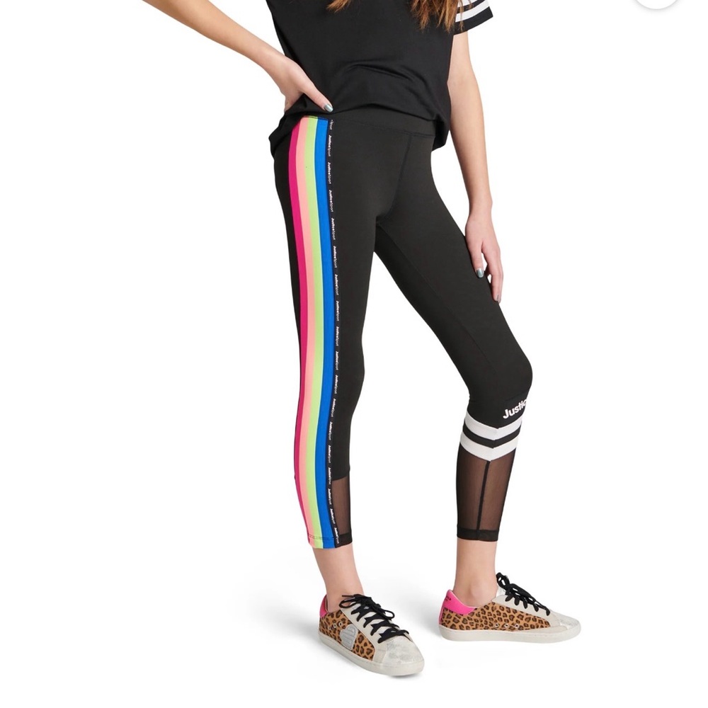 Justice Black Cropped Leggings with Rainbow Side Stripes